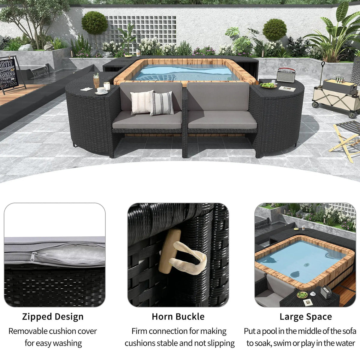 Outdoor Spa Surround Sofa | Rattan And Steel | Waterproof Cushions | 4 Piece