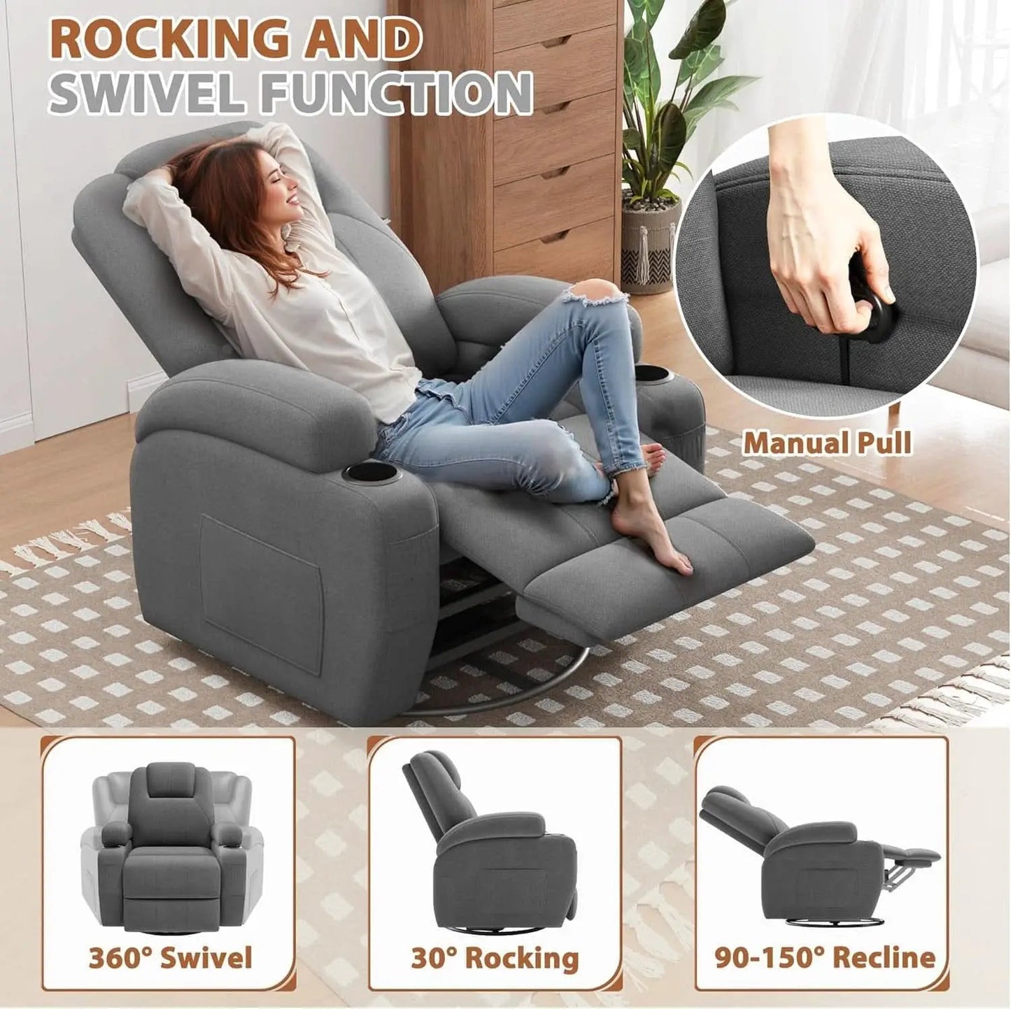 Gray Fabric Swivel Rocker Recliner With Vibration Massage from PriceLows™