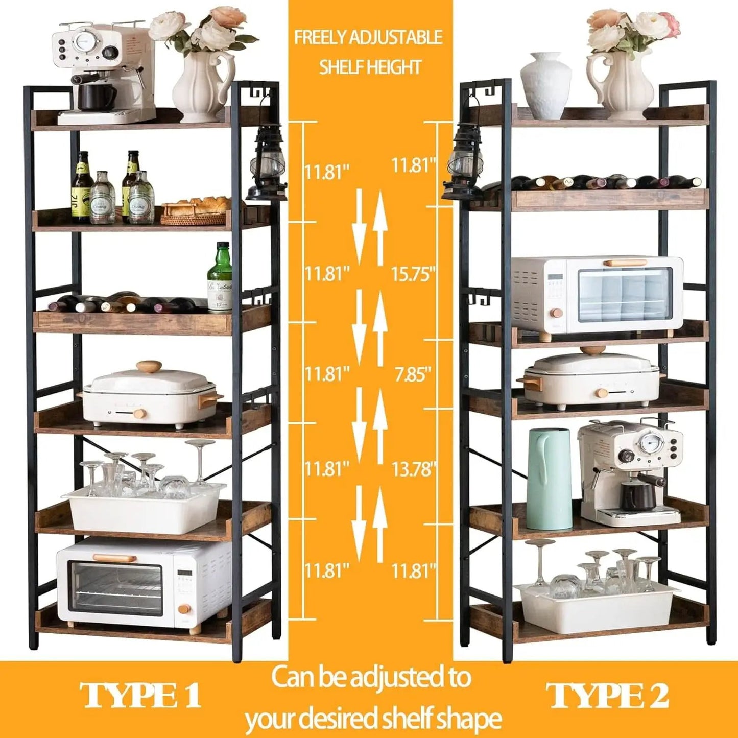 Adjustable Six Tier Industrial Wood Black Metal Bookcase from PriceLows™