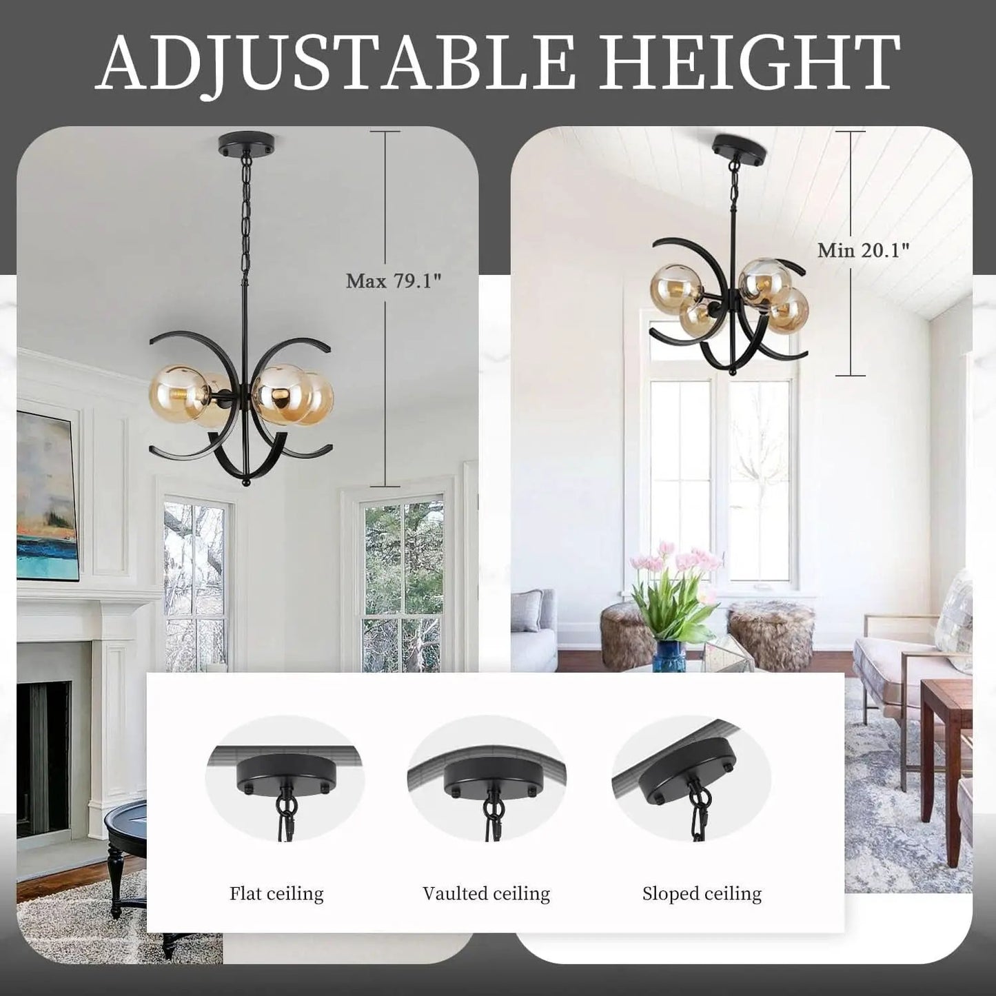 Black Sputnik Chandelier 4 Light Amber Glass Globes from PriceLows™
