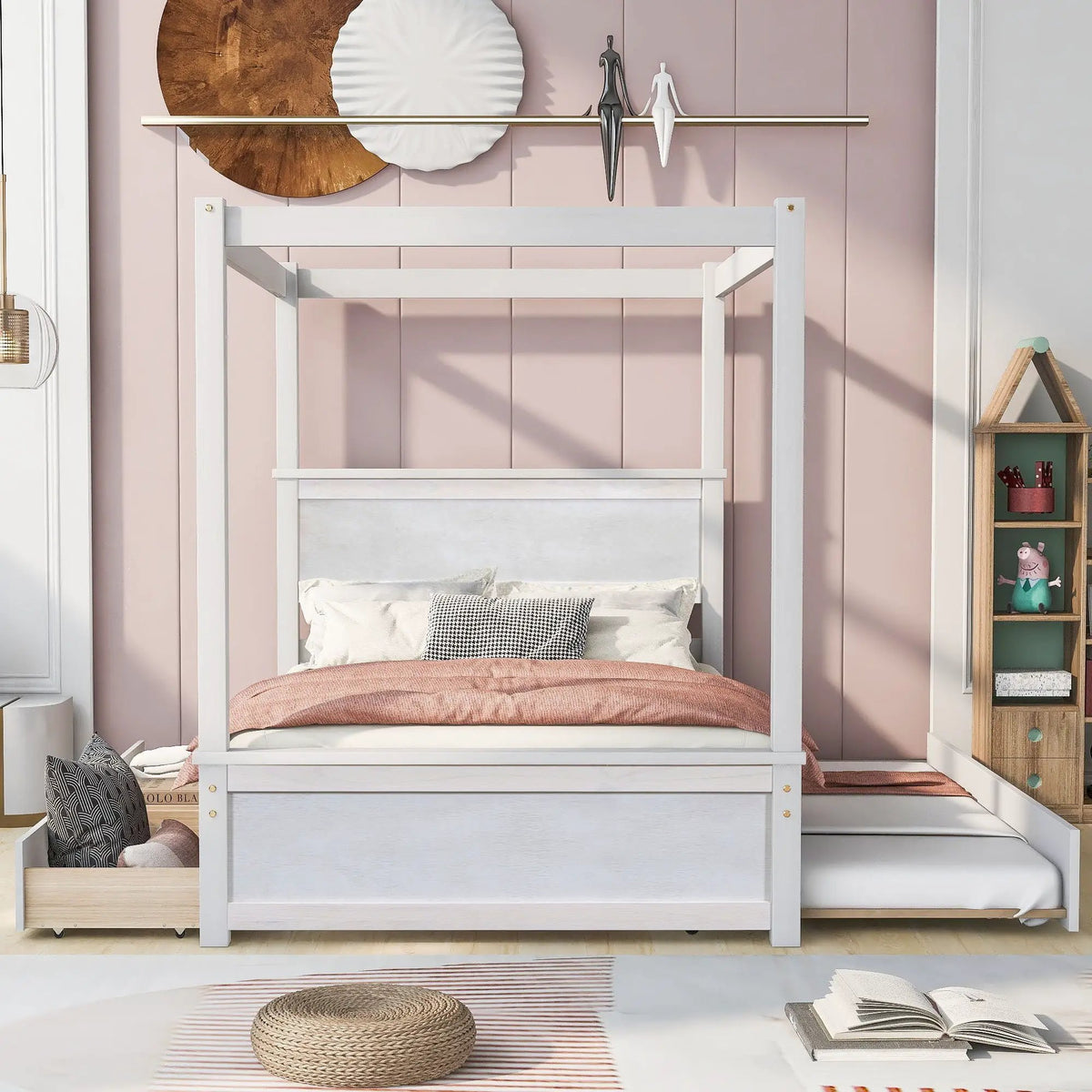Canopy Platform Bed | Wooden Frame | Built-In Drawers | Brushed-Effect Finish