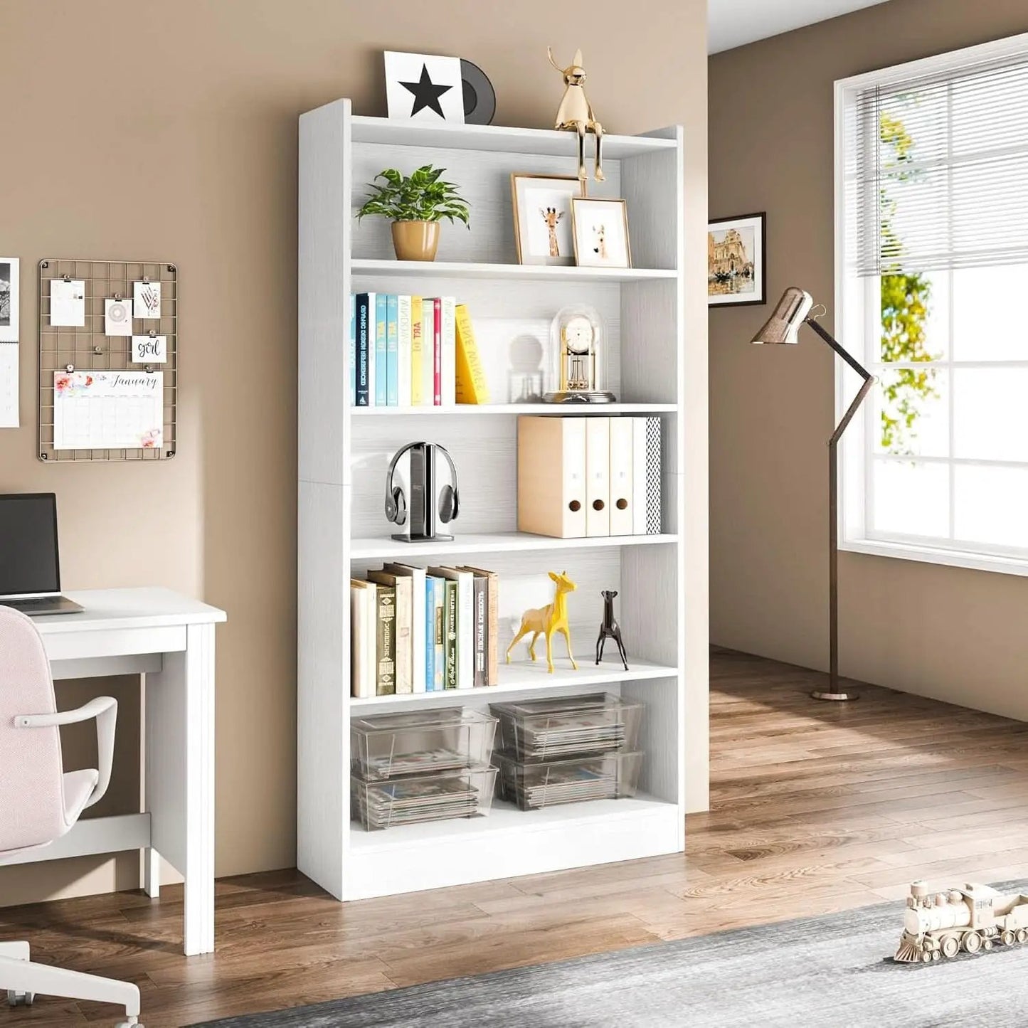 Tall White Six Tier Bookcase 72 Inches Contemporary Wood from PriceLows™