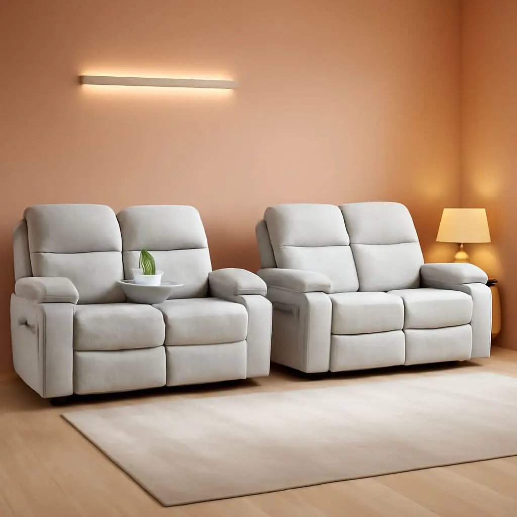 Grey Linen Recliner Sofa Set Featuring Drop Down Table from PriceLows™