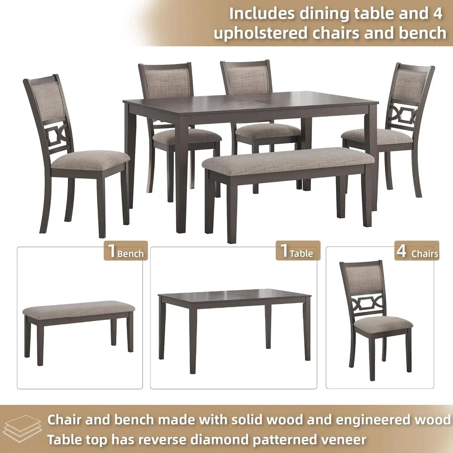 Diamond Patterned Dining Table Set Gray Walnut Stain from PriceLows™