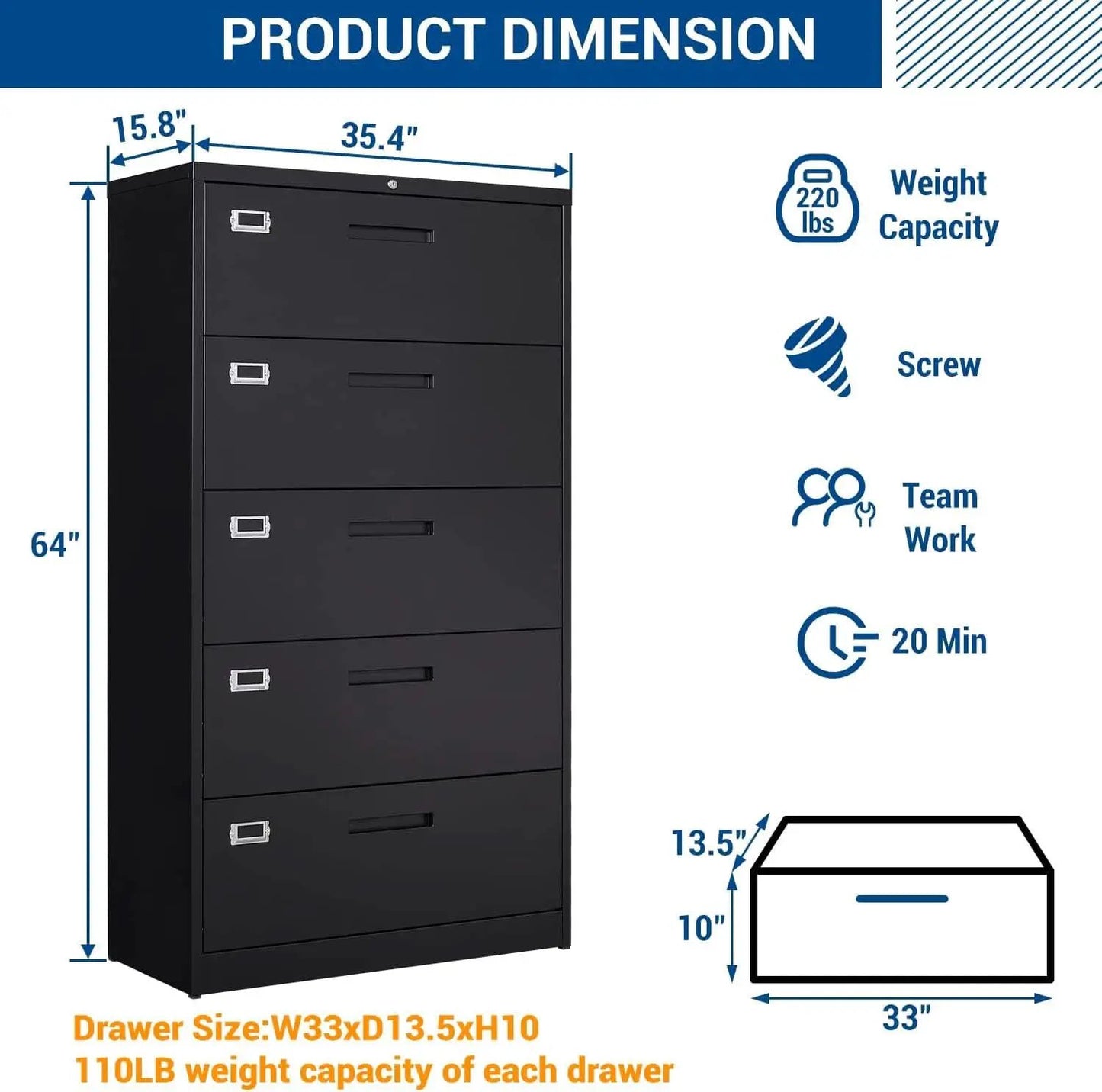 5 Drawer Lateral File Cabinet Lockable Metal Office Storage from PriceLows™