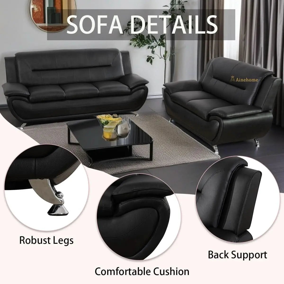 Black 5 Seat Faux Leather Sectional Sofa Set For Living Room from PriceLows™