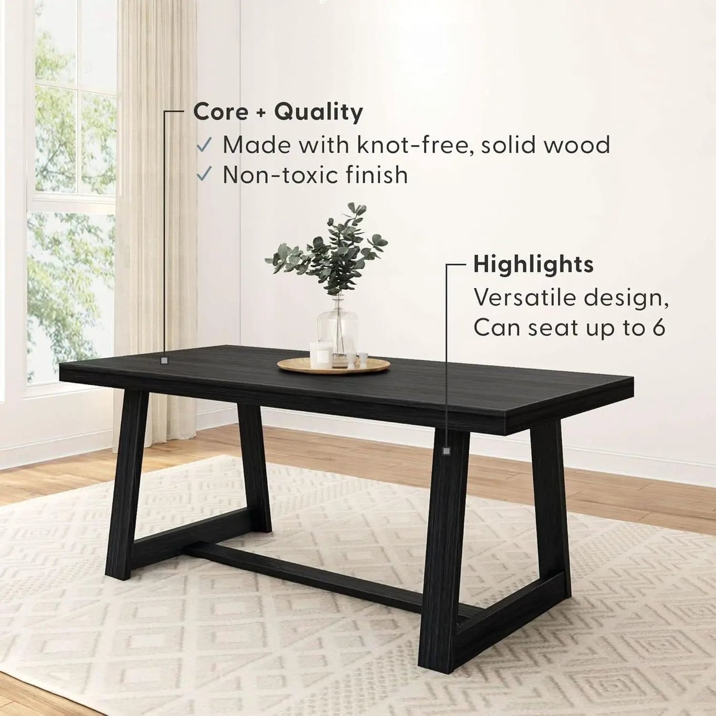 72 Inch Farmhouse Dining Table Solid Wood Black Wirebrush from PriceLows™
