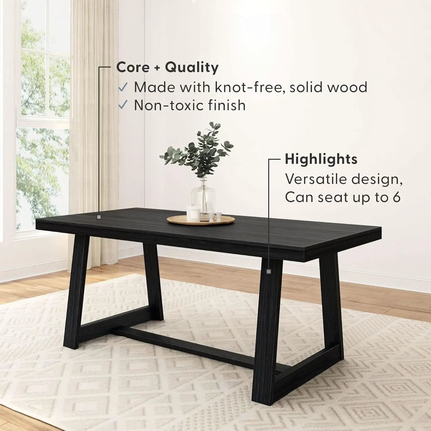 72 Inch Farmhouse Dining Table Solid Wood Black Wirebrush from PriceLows™