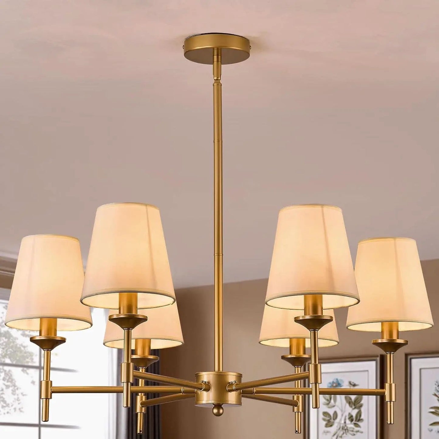 Gold Farmhouse Chandelier 6 Light Linen Shade Fixture from PriceLows™