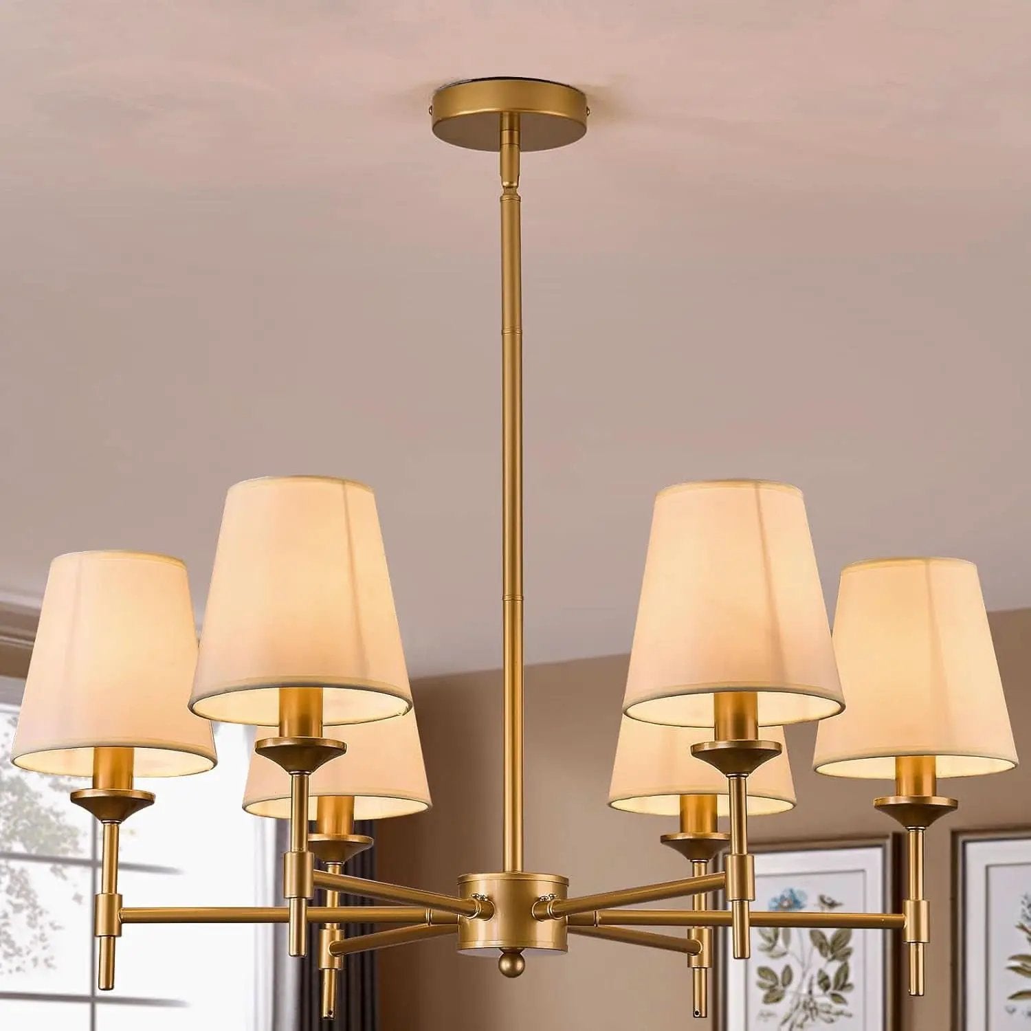 Gold Farmhouse Chandelier 6 Light Linen Shade Fixture from PriceLows™