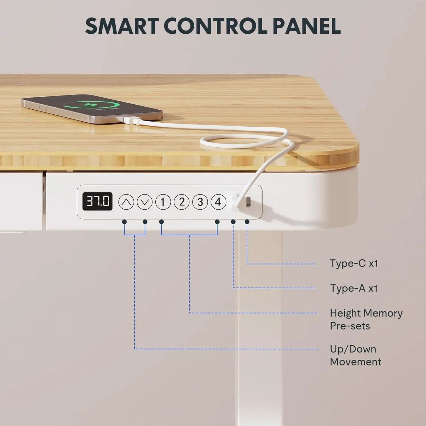 Electric Standing Desk USB Ports And Drawer Bamboo White from PriceLows™