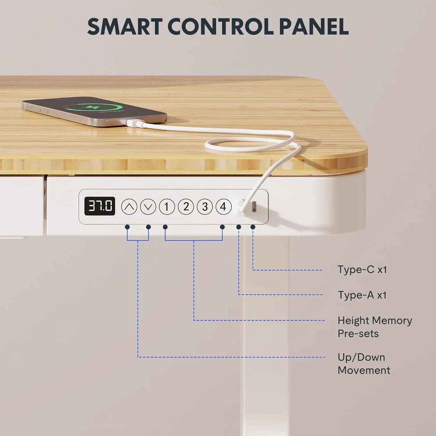 Electric Standing Desk USB Ports And Drawer Bamboo White from PriceLows™