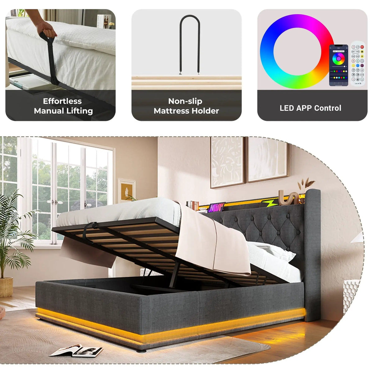 Upholstered Bed, 360 Surround LED Function, Remote Control, Hydraulic Storage Bed | 8 Pieces | Fabric & Iron | Bedroom