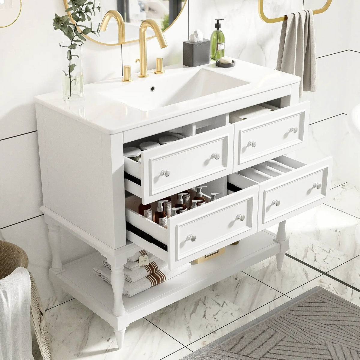 36 Inch Bathroom Vanity With Undermount Sink | 4 Extension Drawers | Solid Wood Frame | Ceramic Sink