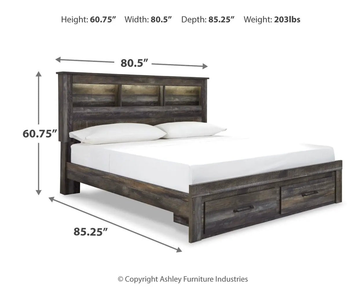 Drystan Panel Bookcase Bed | Storage Headboard | Rustic Industrial Style | 85 Inch Length