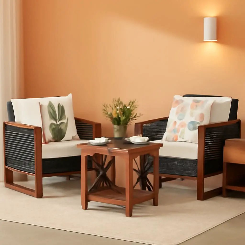 3 Piece Patio Wicker Furniture Set With Beige Washable Cushions And Acacia Wood Coffee Table from PriceLows™