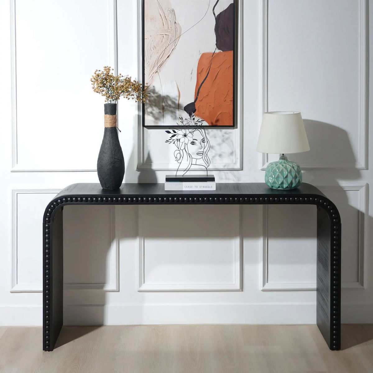 Waterfall Console Table | 59 Inch Width | Wood Trim Accent | Farmhouse Finish