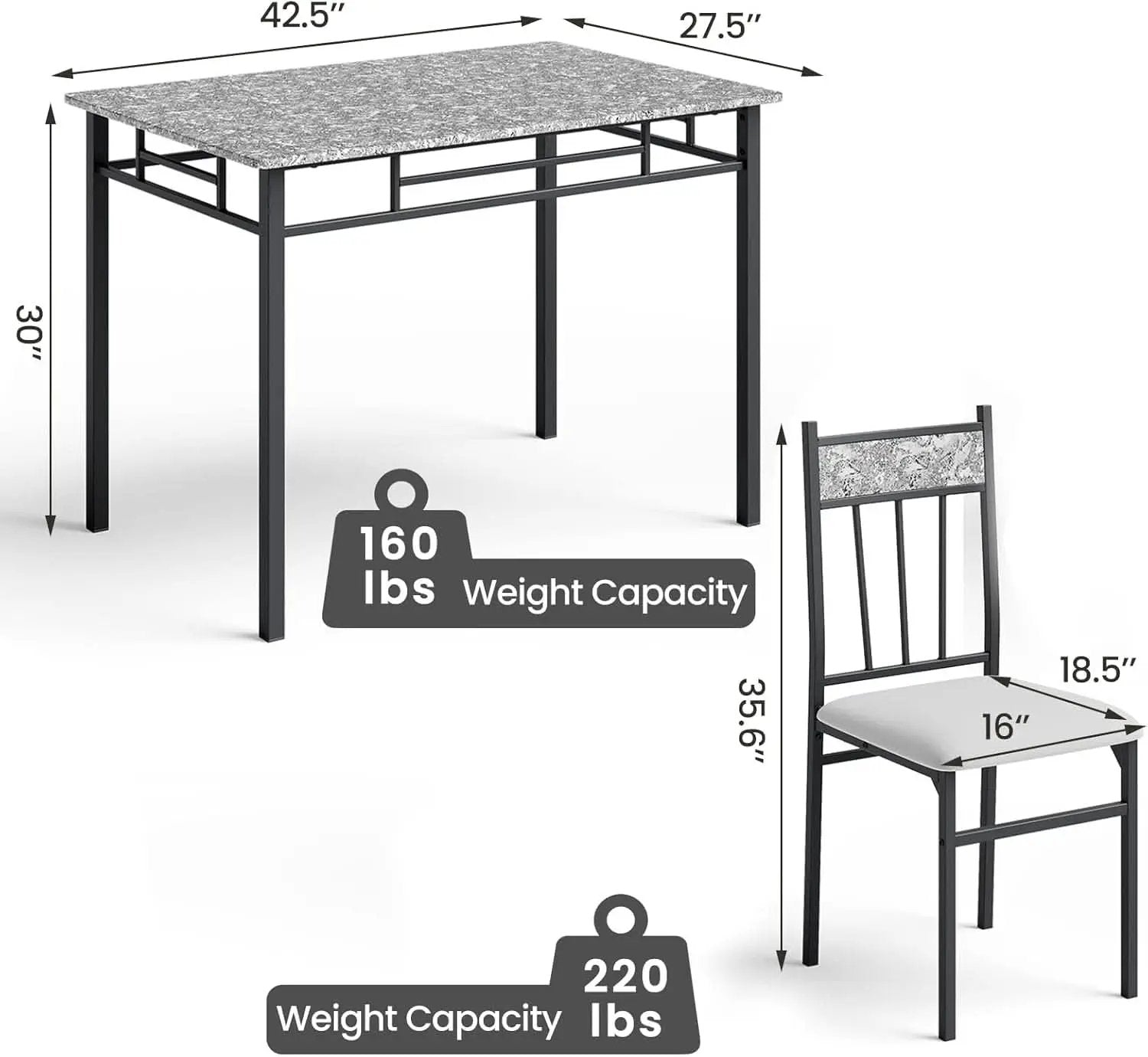 Grey Faux Marble Dining Table Set For 4 With Padded Chairs from PriceLows™