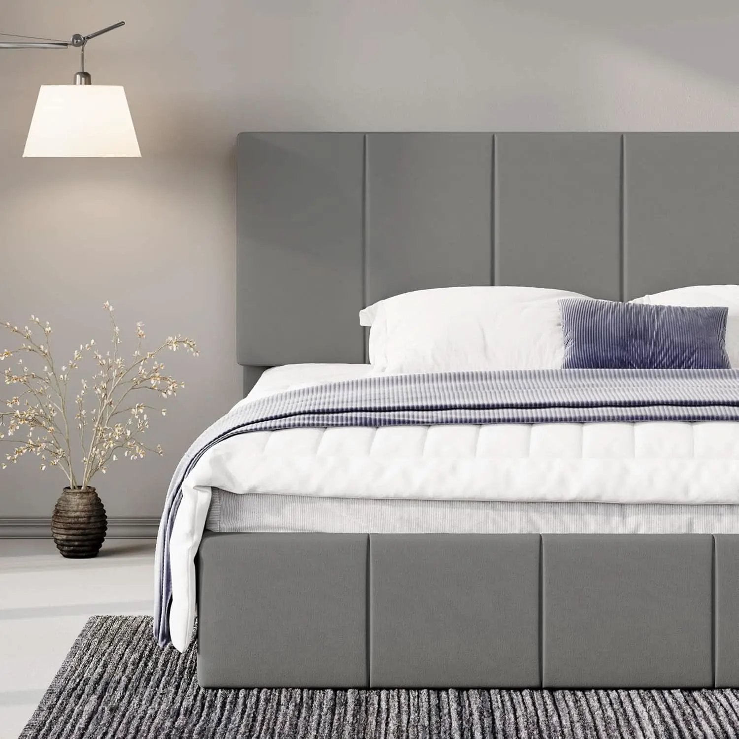 King Size Grey Velvet Upholstered Platform Bed Frame from PriceLows™