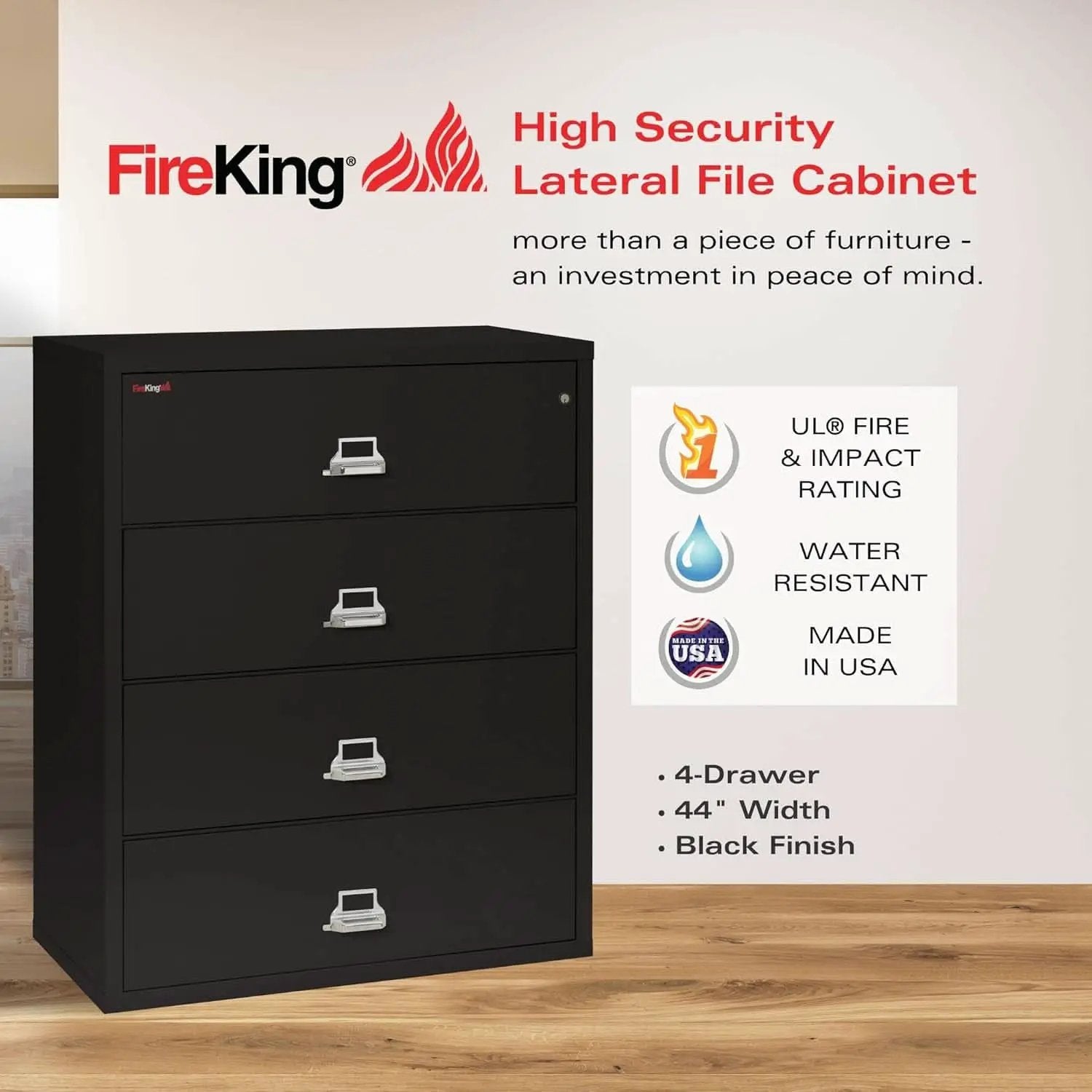 Lateral 4 Drawer Fire Safe File Cabinet With Key Lock Black from PriceLows™