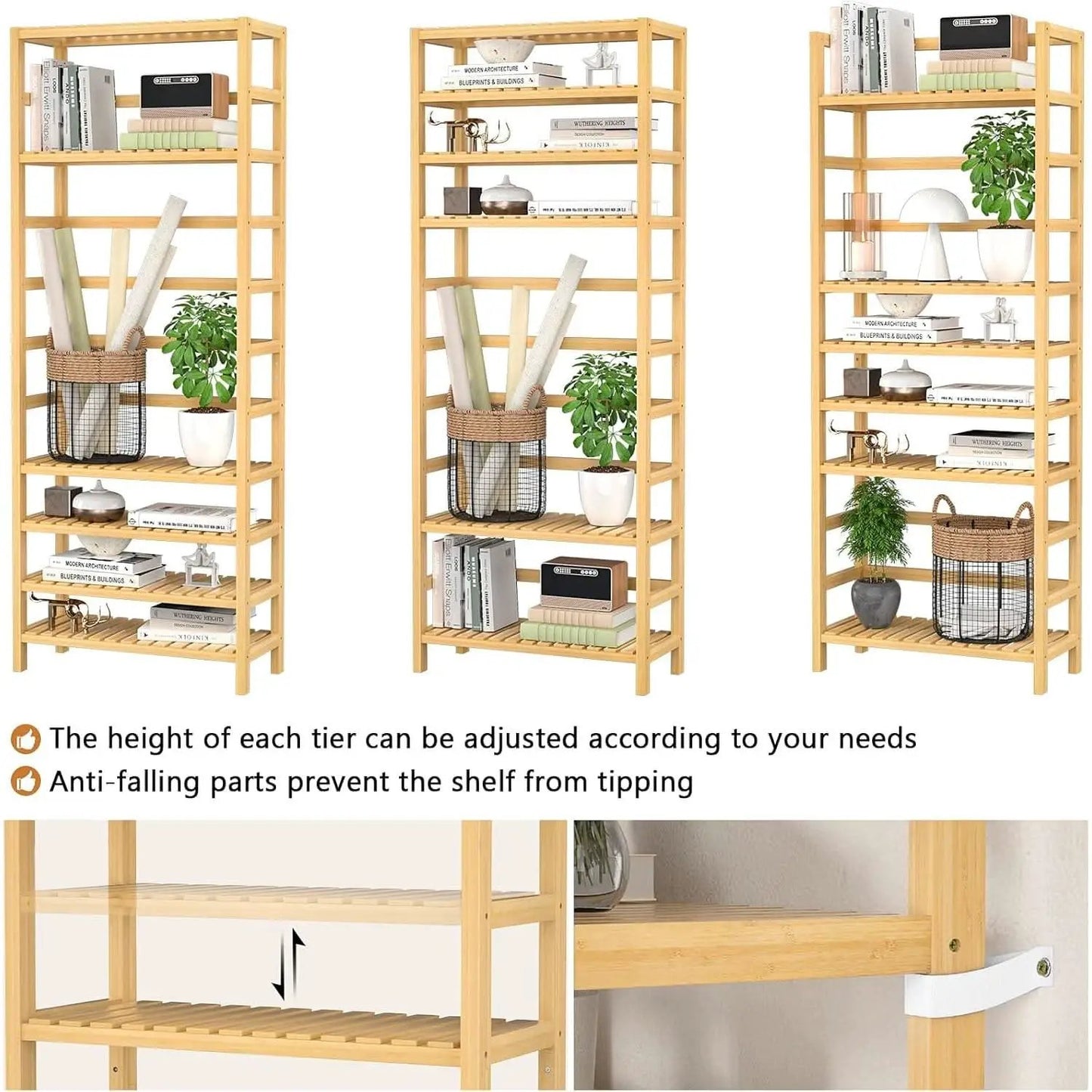 Six Tier Adjustable Bamboo Bookshelf Tall 63 Inch Natural from PriceLows™