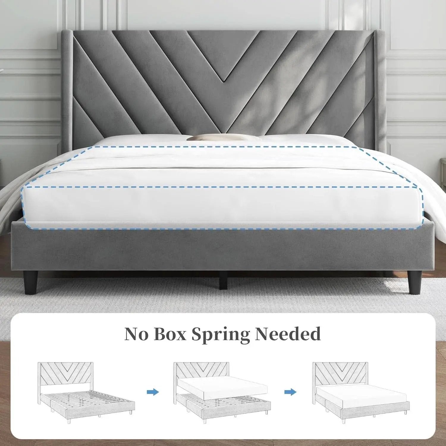 Queen Upholstered Bed Frame With Winged Tufted Headboard Light Gray from PriceLows™