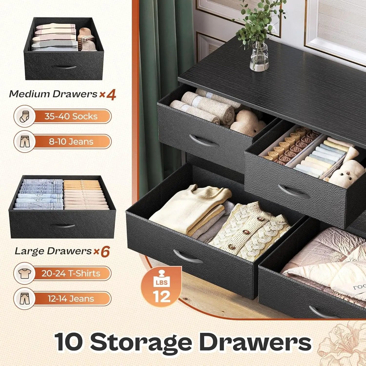 63 Inch TV Stand Dresser With 10 Fabric Drawers Black from PriceLows™