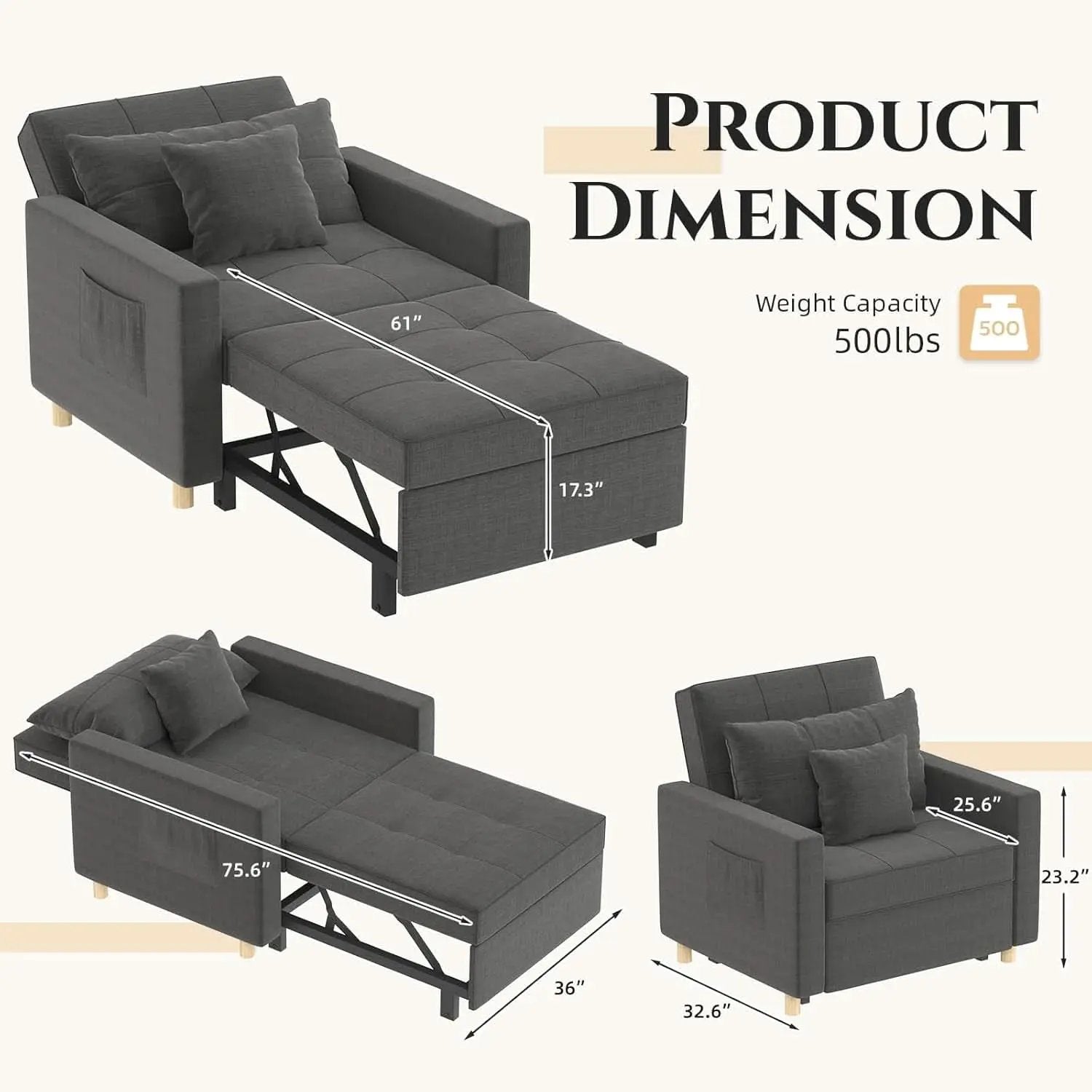 36 Inch Convertible Sleeper Chair GreyTexturedFabric from PriceLows™