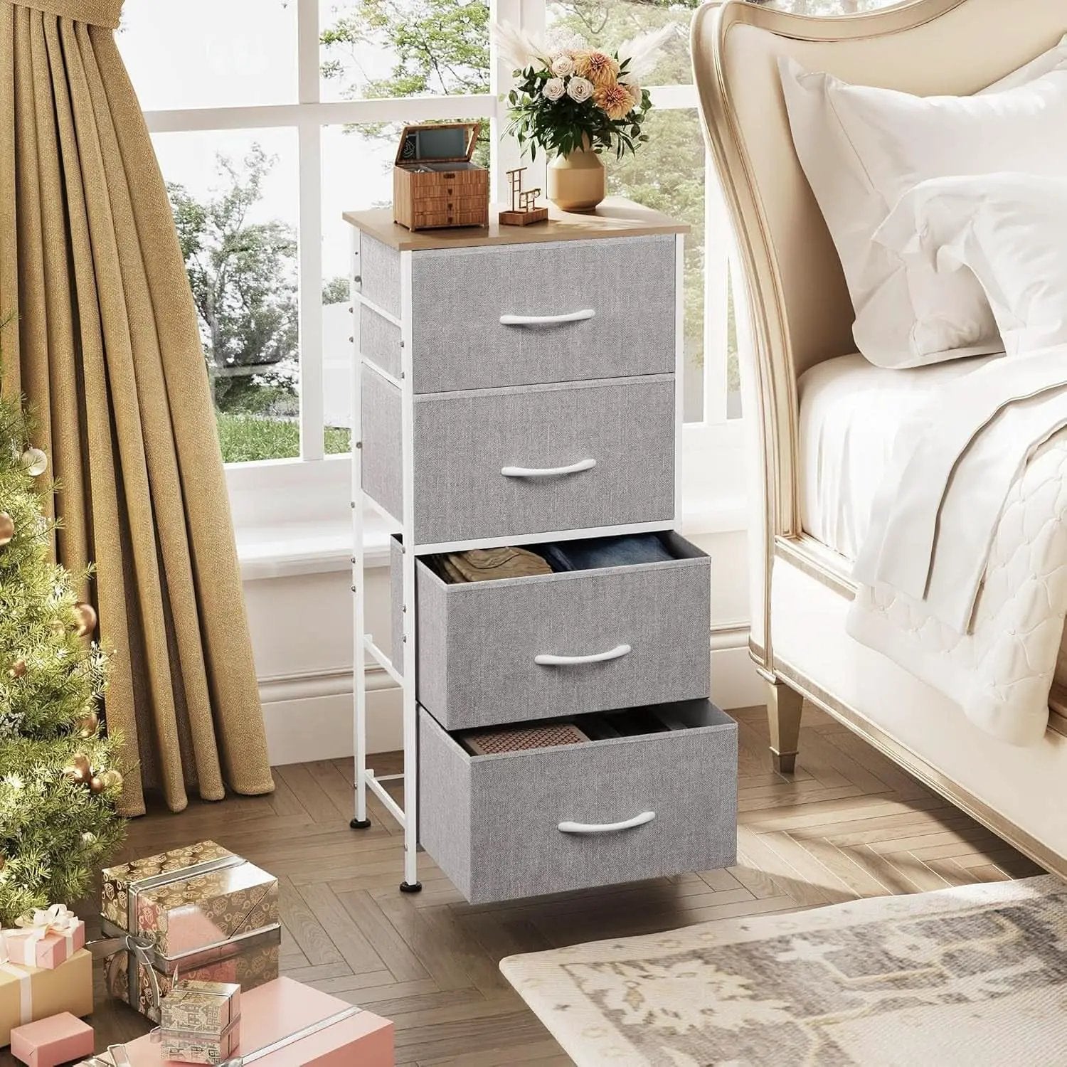 Light Grey Fabric 4 Drawer Dresser With Wood Top Storage from PriceLows™