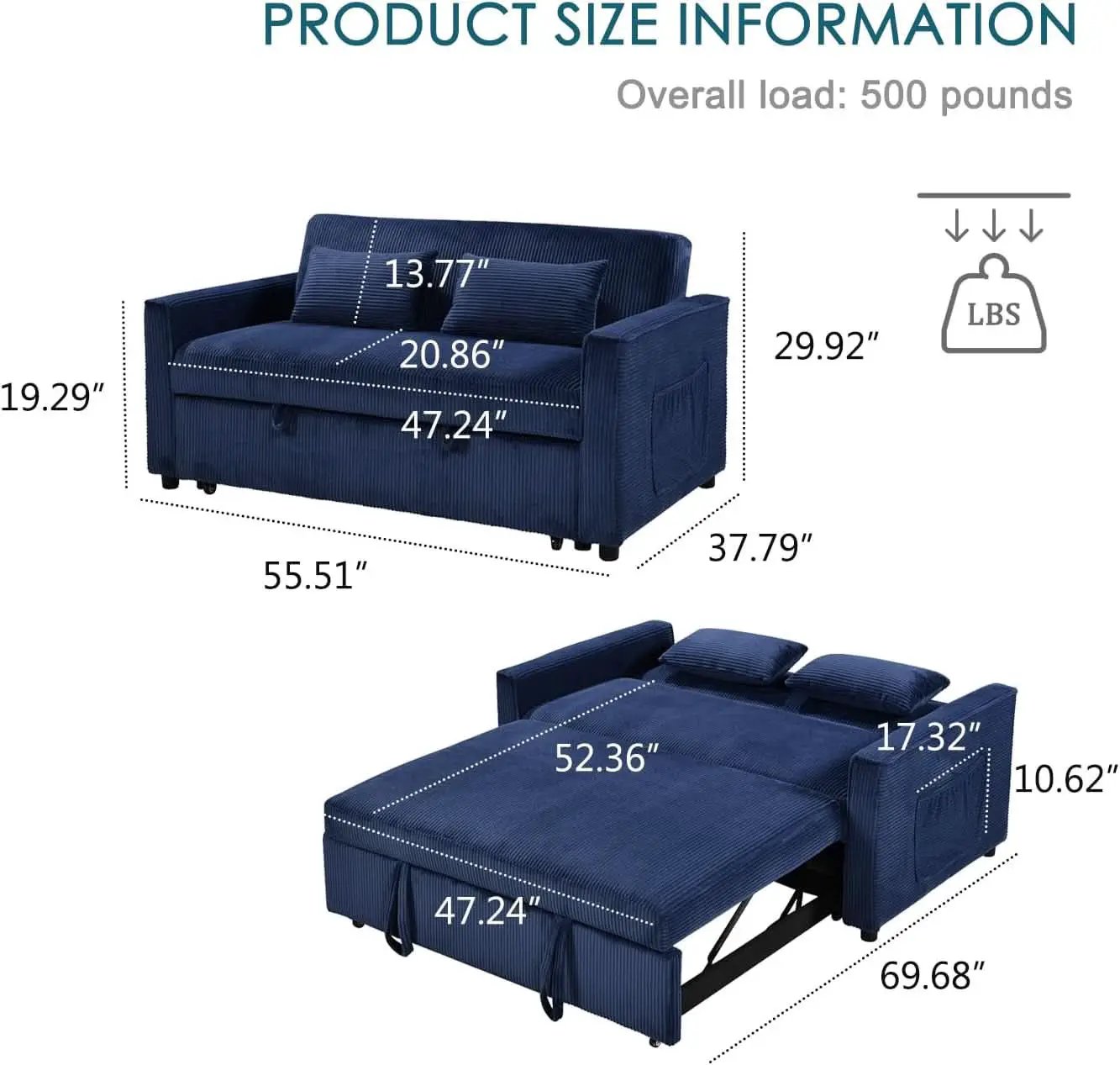 Navy Corduroy Convertible Sleeper Sofa Bed Pockets from PriceLows™