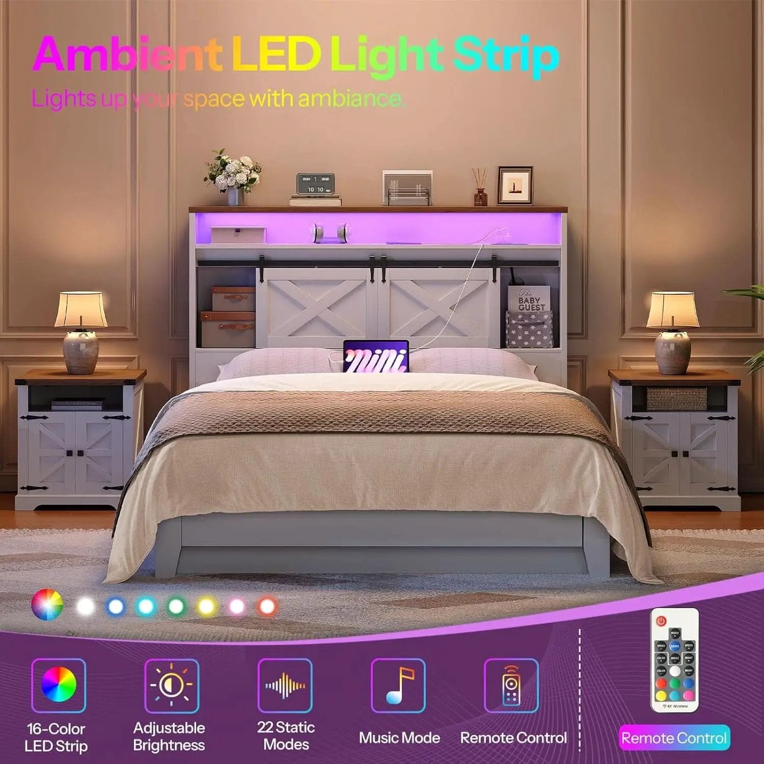 Farmhouse Queen Headboard with Storage and Charging Station from PriceLows™