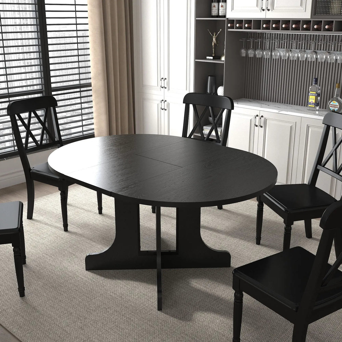 Expandable Farmhouse Dining Table | 59 Inch Width | Removable Leaf | Trestle X-Shaped Base