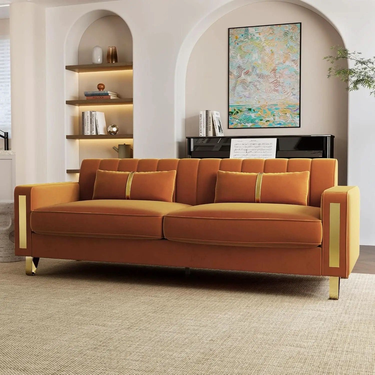 2 Piece Orange Velvet Loveseat Couch Set With Gold Metal Legs 86 Inch Living Room Sofa With 4 Pillows from PriceLows™