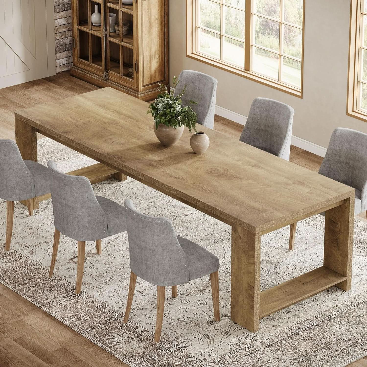 Oak 86 Inch Long Narrow Dining Table With Pedestal Base from PriceLows™