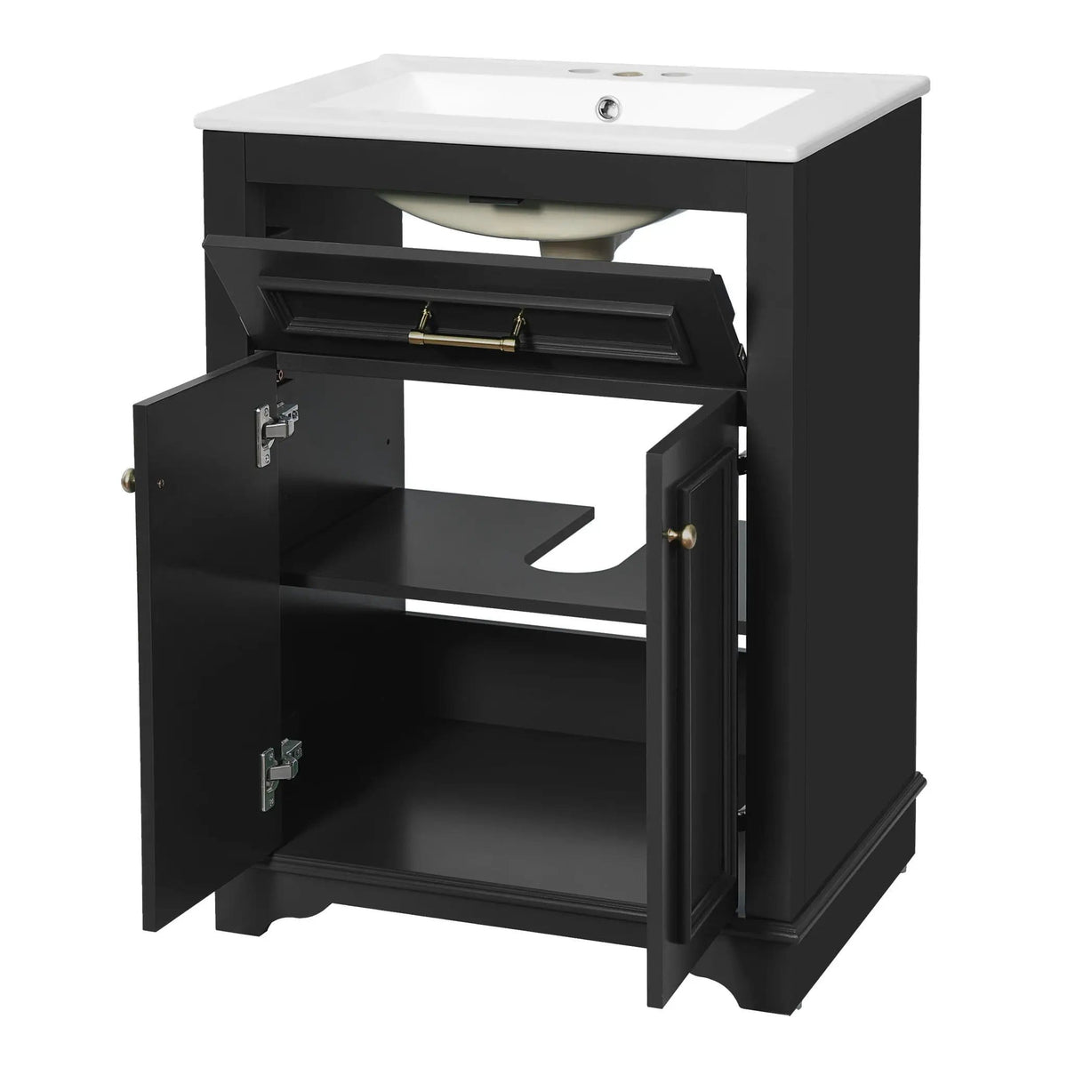 Bathroom Vanity With Integrated Sink, 2 Door Cabinet With Tip Out Drawer | 3 Pieces | Solid Wood & Iron | Bathroom