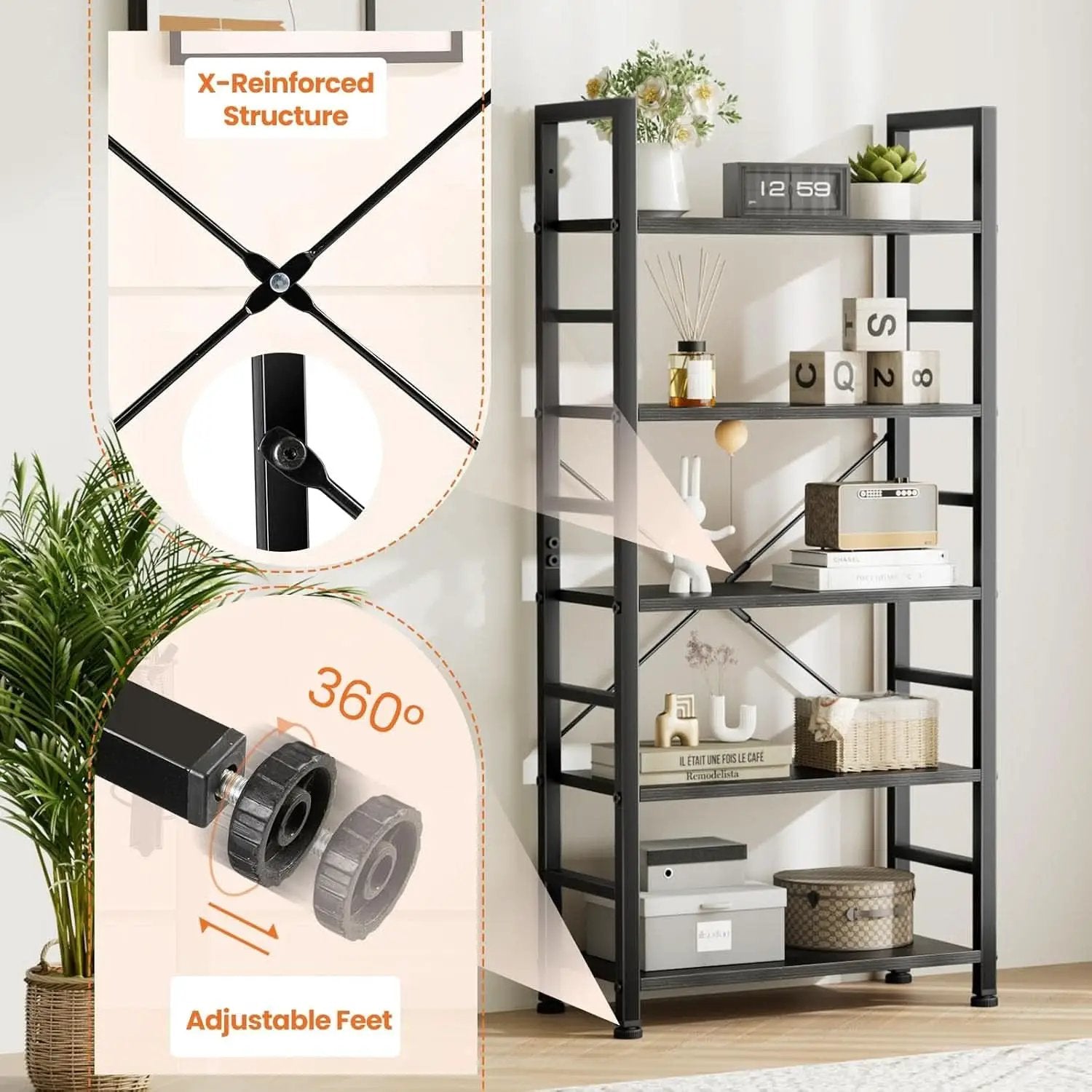 Black 5 Tier Bookcase Space Saving Tall Studio Home Office from PriceLows™
