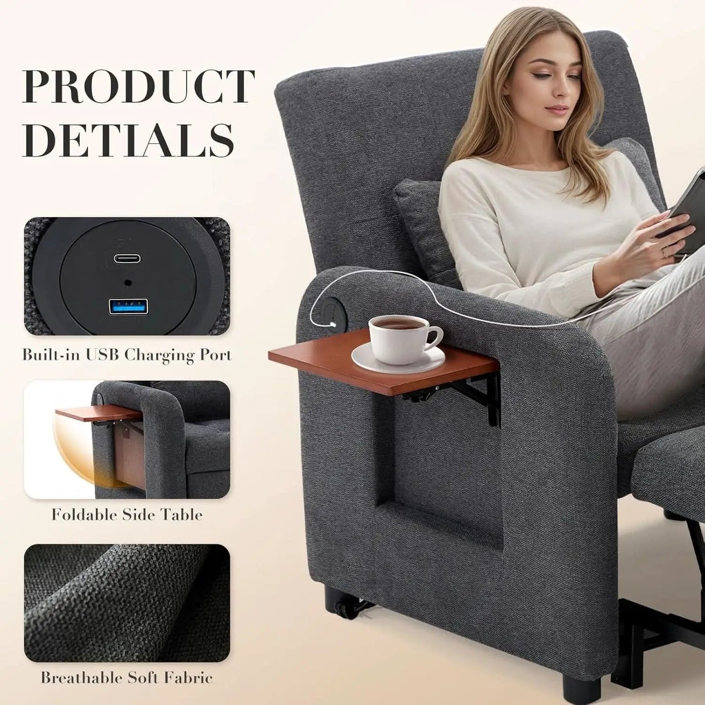 Convertible Sleeper Armchair Charcoal Gray USB Port from PriceLows™