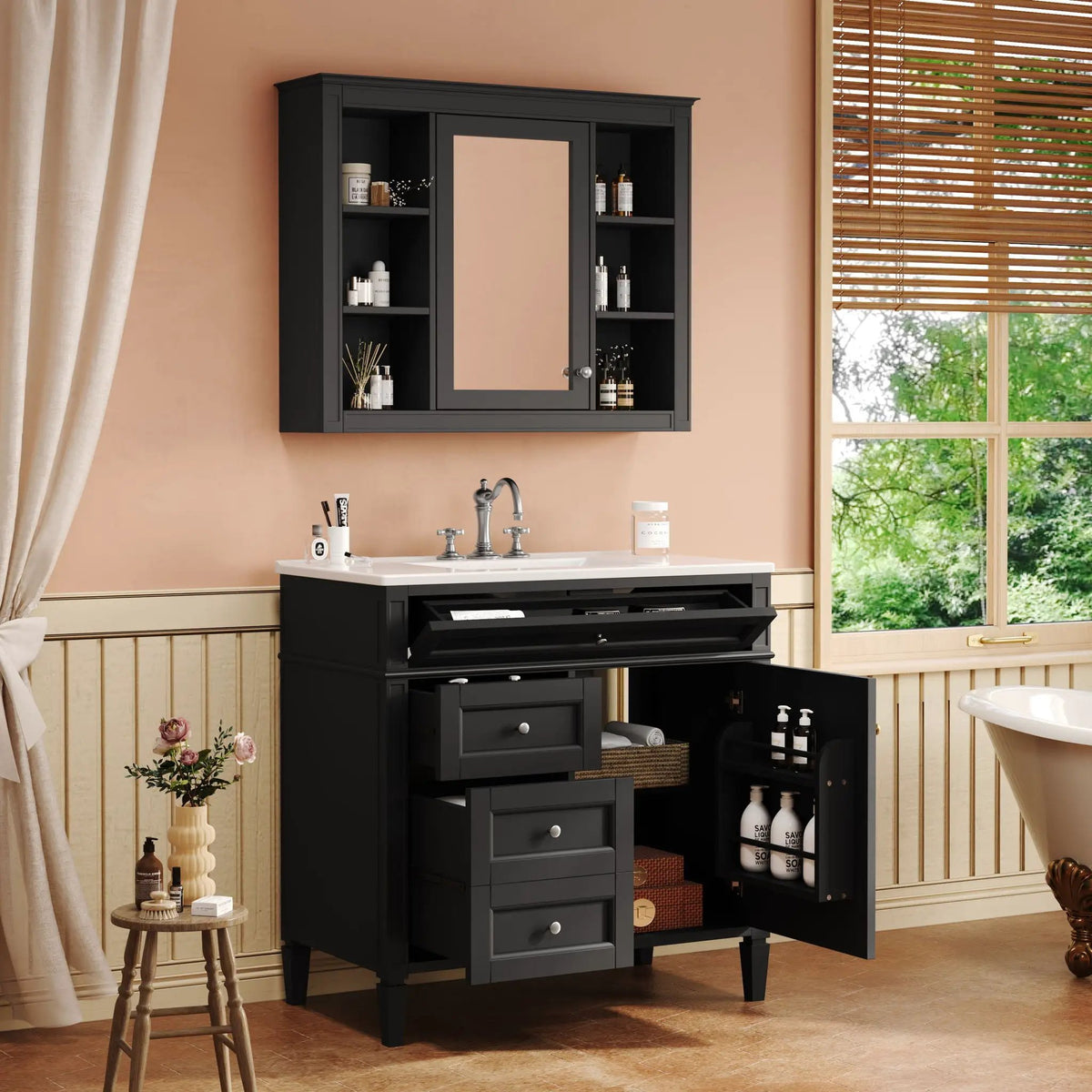 Bathroom Vanity With Mirror Cabinet | Single Sink | Soft Close Doors And Drawers