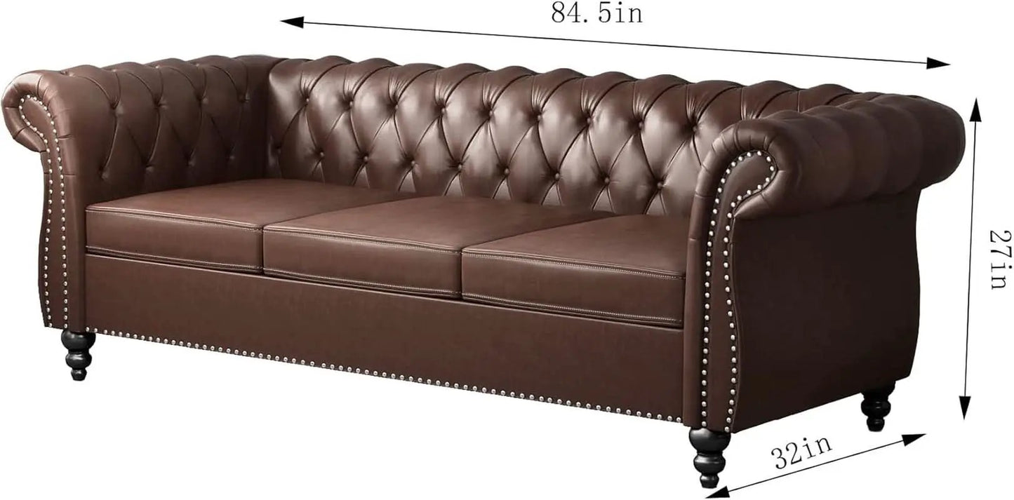 3 Piece Chesterfield Leather Living Room Set Sofa Loveseat Chair Dark Brown with Scroll Arms and Nailhead from PriceLows™