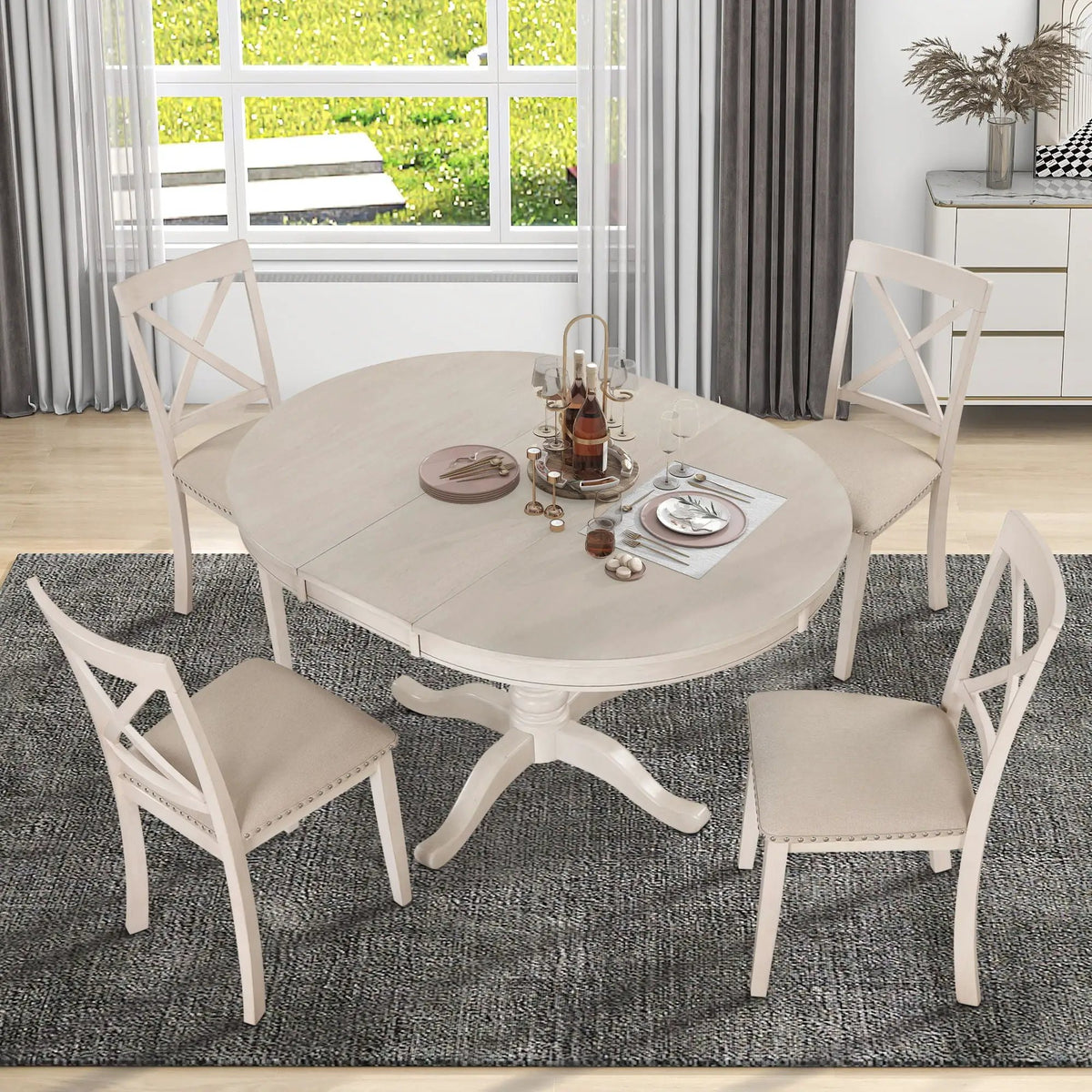 Round Dining Table Set | 4 Matching Chairs | Modern Design | Rubberwood Top