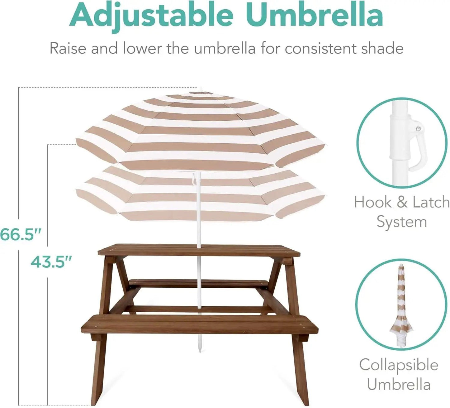 Walnut Wooden Kids Picnic Table With Adjustable Umbrella from PriceLows™
