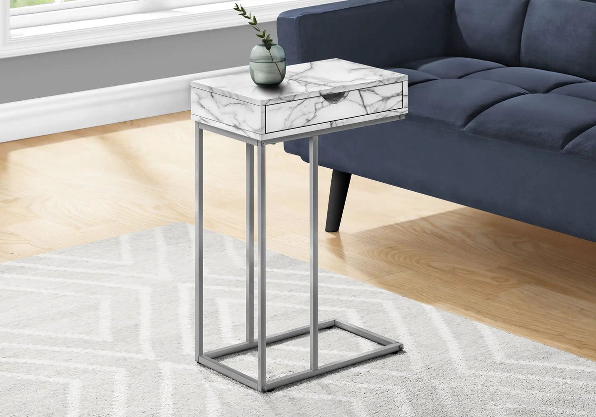 C-Shaped End Table | Pass-Through Storage Drawer | Slide-Under Base | Modern Design