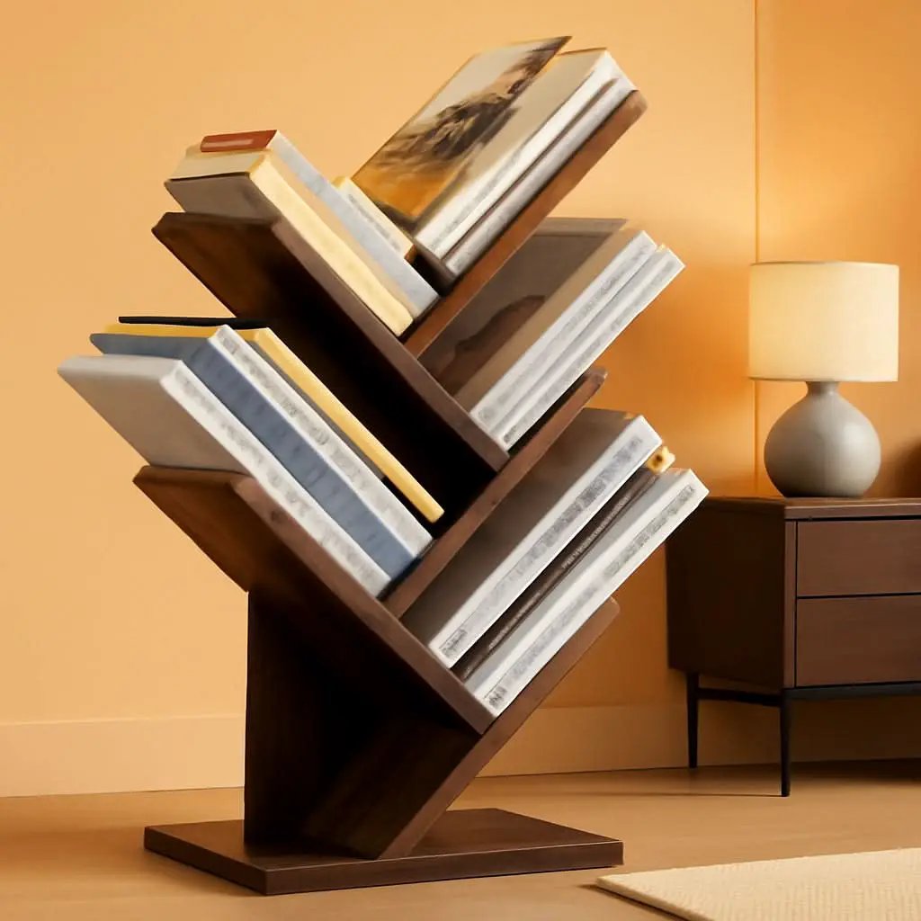 Rustic Brown 4 Tier Tree Bookshelf Free Standing Living Room from PriceLows™