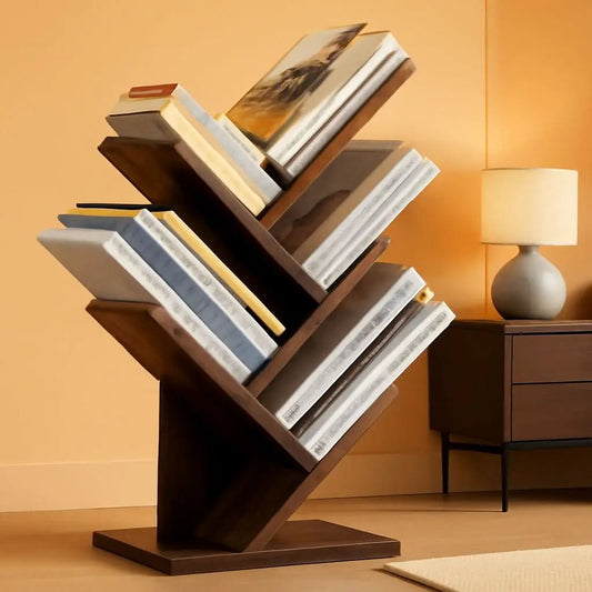 Rustic Brown 4 Tier Tree Bookshelf Free Standing Living Room from PriceLows™