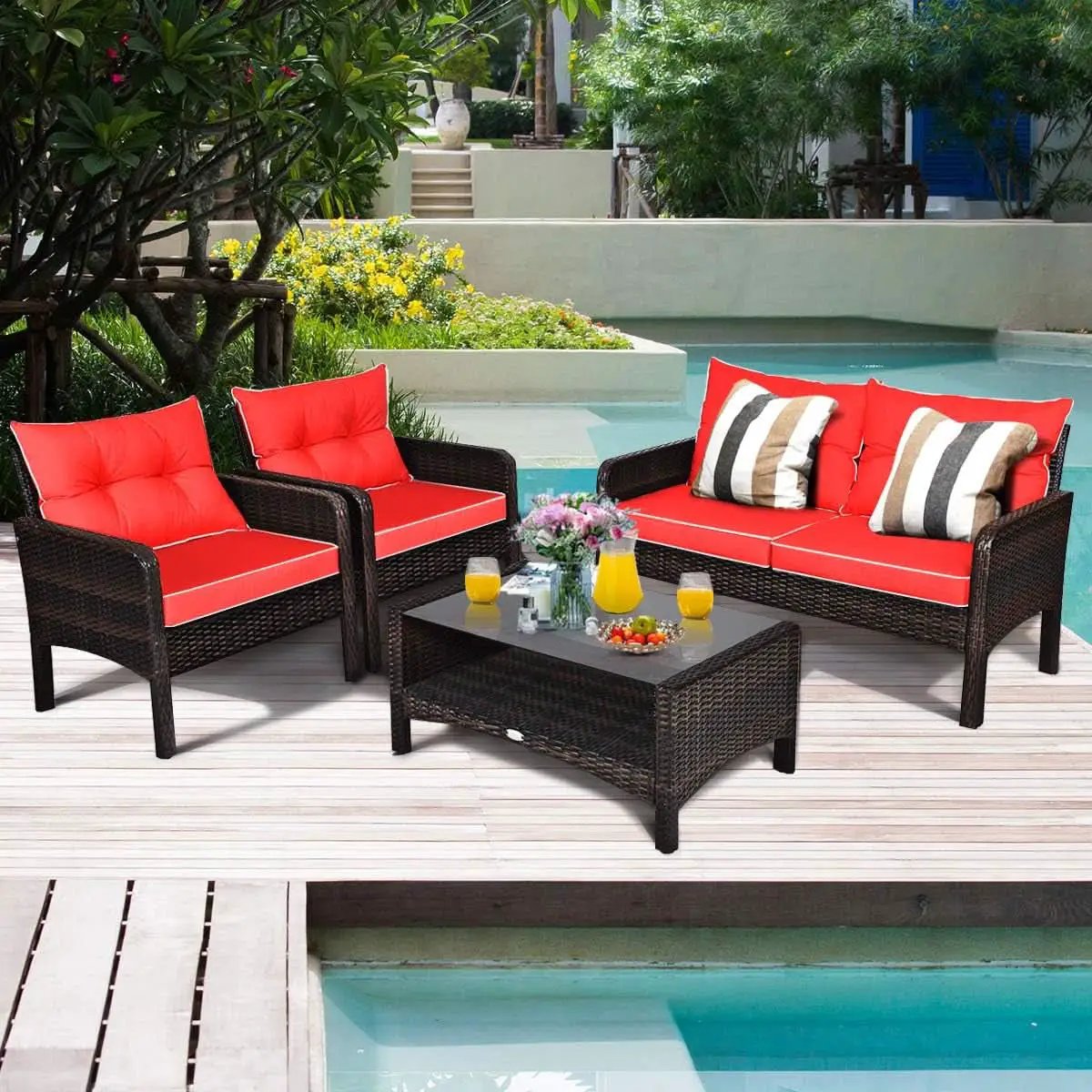 4 Piece Outdoor Wicker Patio Furniture Set with Cushions from PriceLows™