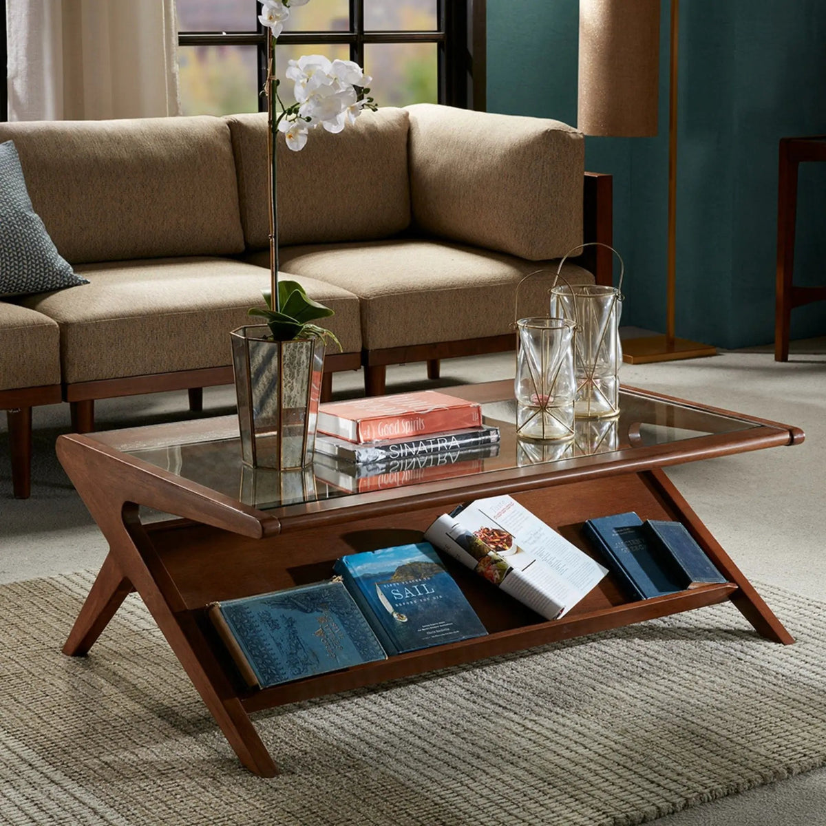 Tempered Glass Coffee Table | Walnut Pecan Finish | Solid Wood Frame | Angular Design