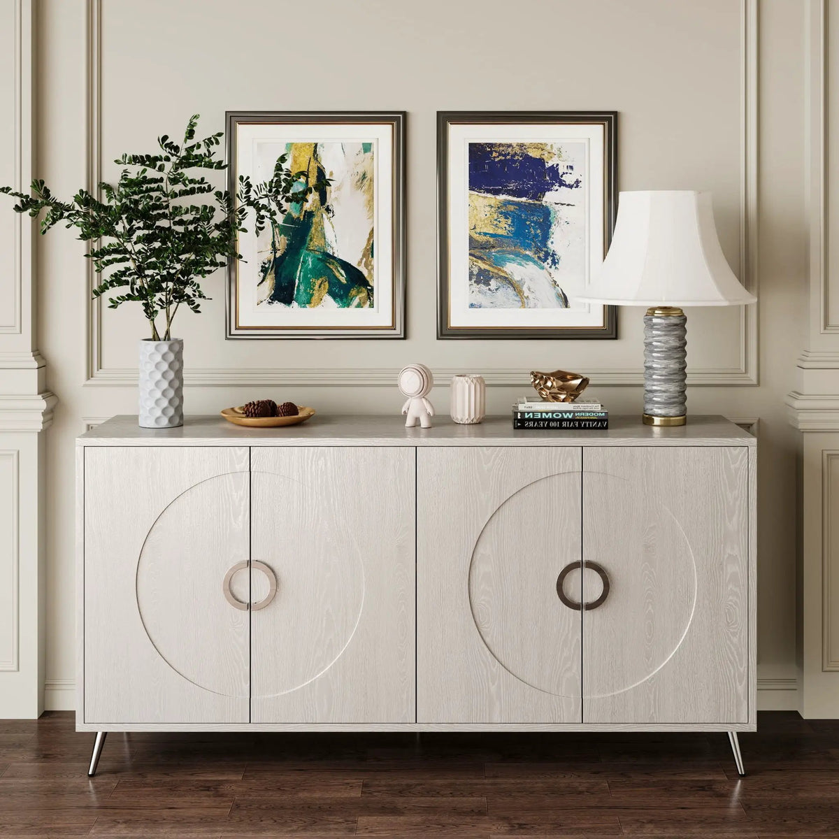 Lacquered 4 Door Sideboard Buffet | Matte Navy Finish | Solid Wood Veneer | Metal Legs