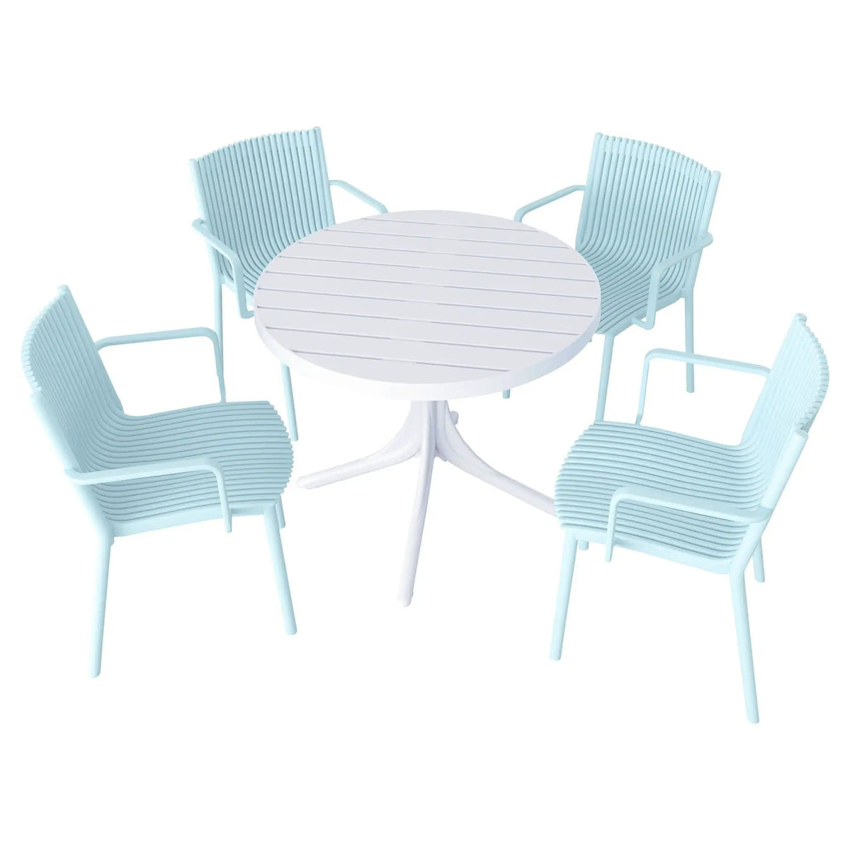 4 Modern Stackable Plastic Armchair Matched With Round Table 5 Piece Outdoor Set | 5 Piece Outdoor Set | Outdoor Living Furniture | Outdoor Living