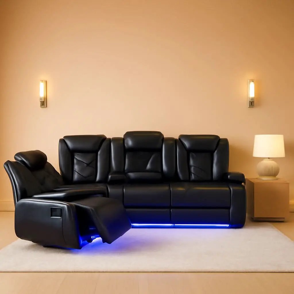 Power Leather Recliner Sofa Set LED Lights USB Ports Black from PriceLows™