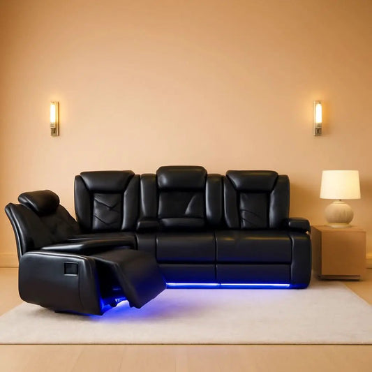 Power Leather Recliner Sofa Set LED Lights USB Ports Black from PriceLows™